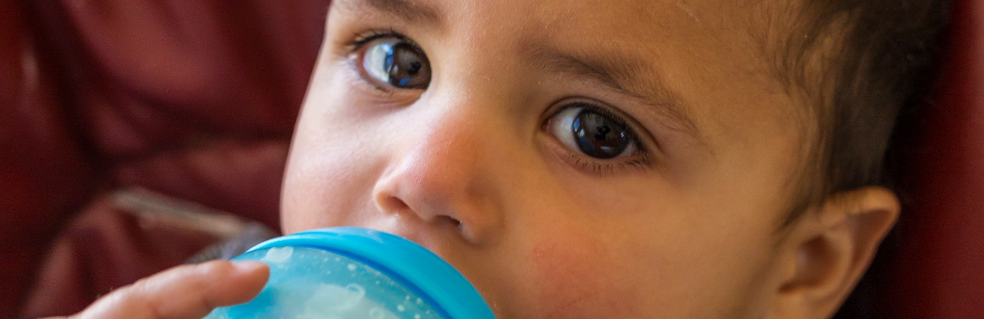 baby feeding from bottle looks at camera
